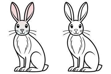 Two adorable cartoon rabbits, one colored and one outlined, sit side by side isolated on white background