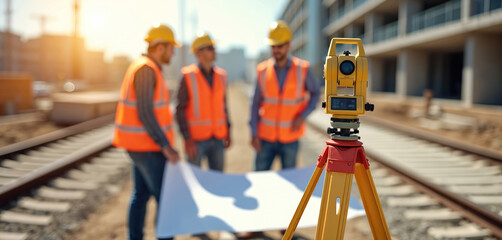 Civil engineers survey construction site using theodolite on tripod, review road construction blueprint. Surveyors workers take measurements with surveying instruments. Road construction project.