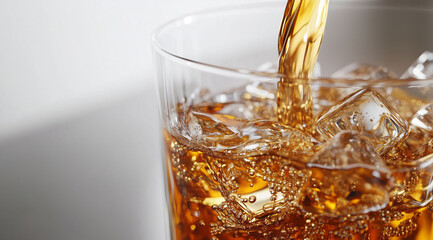Close up of glass filled with sparkling liquid and ice cubes, showcasing refreshing bubbles and vibrant color