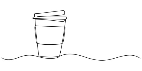 Coffee to go continuous line vector illustration, Paper cup of hot coffee in one Continuous line drawing. Concept of drink to go in line art style. Editable stroke. Vector illustration, Minimal design