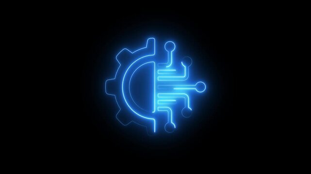 Neon digital technology gear icon concept.digital transformation icon with arrow symbol.