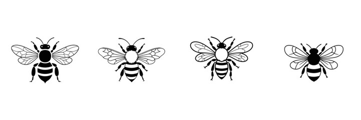 Four stylized black and white bee illustrations in a horizontal row view