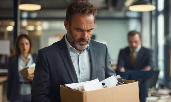 A middle-aged man in a suit leaves his office holding a box of belongings, looking serious, with colleagues in the background, symbolizing job loss or layoff.