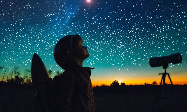 Day to Night scene showcasing a Young aspiring astronaut gazing skyward at sunset, wearing orange helmet with toy rocket backpack beside telescope in wheat field
