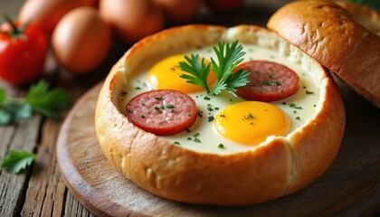 Traditional Polish Zurek soup in bread bowl. Rustic wholesome food with egg, sausage, fresh parsley. Home-made warm meal, hearty and delicious. Festive vibes.