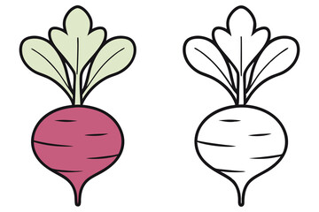 Isolated beet with green leaves is accompanied by a black and white version of it