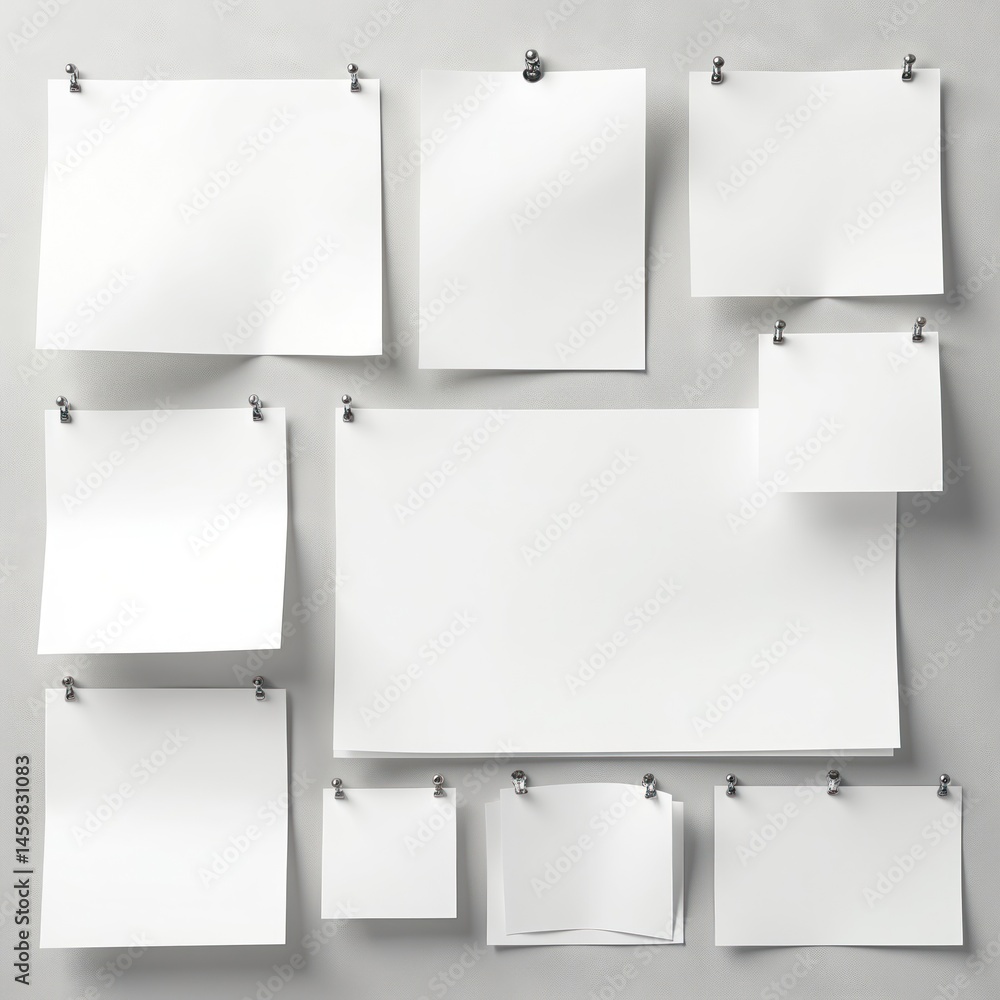 Poster arrangement blank white paper sheets various sizes, pinned to grey wall. empty space layout for desi