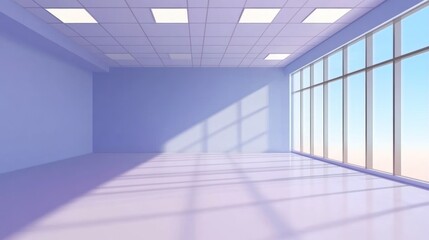 Serene Empty Room with Large Windows and Sunlight Streaming In