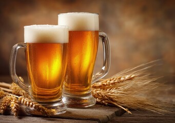 Amber beer mugs with froth and wheat bundle on wood, classic Oktoberfest or craft beer ad setting, ideal for menu visuals and blog covers