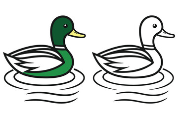 Cartoon style green duck floats near a black and white line drawing, isolated on white background