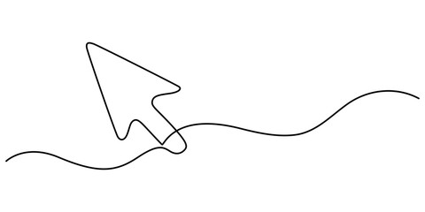 Continuous line drawing of arrow symbol abstract line art illustration, Arrow path in one continuous line drawing, Cursor arrow one line art, hand drawn pointer, idea directions using an input device.