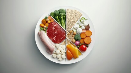 A highly detailed infographic of a balanced meal with neatly separated sections for proteins vegetables and grains soft gradients minimalistic design