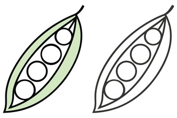 A green pea pod filled with circular peas contrasts a black outline, isolated on white background