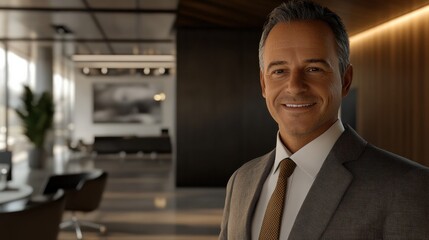 A confident businessman with a warm smile, dressed in a suit and tie, standing in a modern office environment