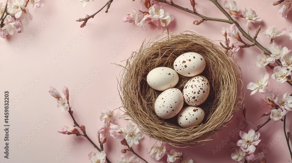 Poster hyper realistic photo of. happy easter concept with easter eggs in nest and spring flowers. easter b