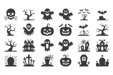 Spooky Halloween Theme: Haunted Houses, Pumpkins, Bats, and Ghosts in Black