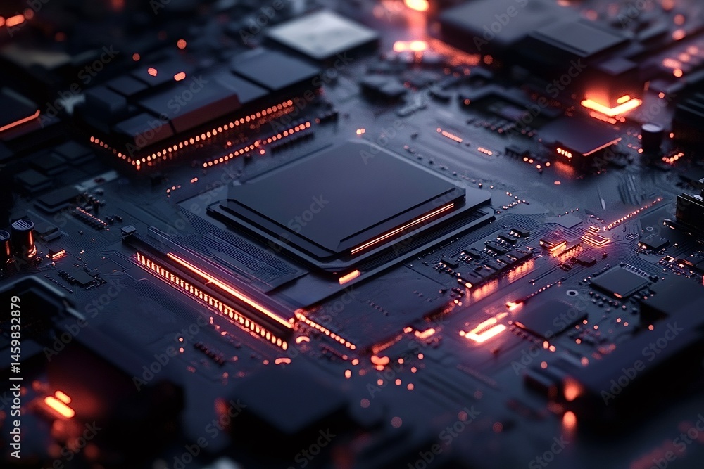 Poster modern cpu performing complex calculations with orange lights illuminating motherboard