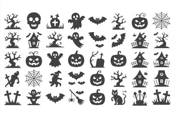 Silhouettes of Haunted Houses, Pumpkins, and Spooky Trees for Halloween Deco