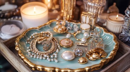 Gold jewelry and pretty things arranged on a ceramic tray.  A cozy, feminine scene with candles and makeup.
