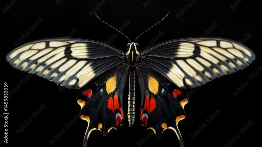 Poster a close-up shot of a butterfly perched on a dark or matte finish surface
