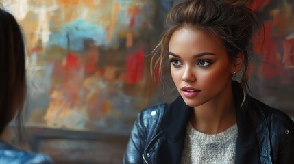 Naklejka premium Young woman attentively listening to friend during casual conversation.