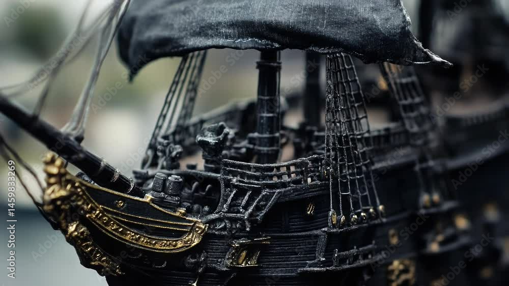 Poster a detailed view of a scale model ship's hull and deck