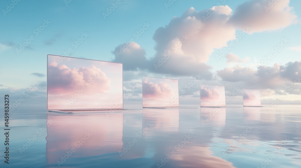 Poster exploring cloud computing a modern digital landscape with laptops and cloud icons