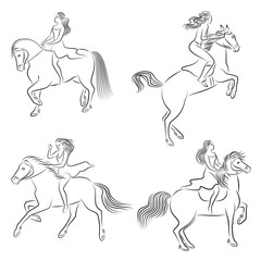 Collection. Silhouette of a woman on a stylish horse. The girl is slender and beautiful rider. Lady for aesthetic decor, posters, stickers, logo. Vector illustrations set
