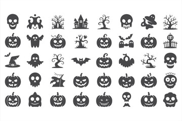 Halloween Vector Icons: Haunted Houses, Bats, Pumpkins, and Spooky Trees