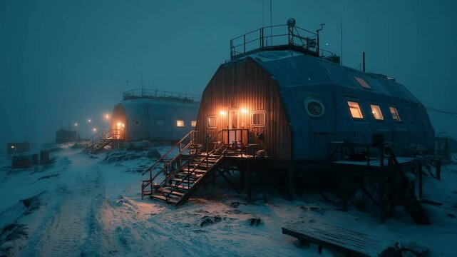 Snowy Arctic research facility powered by a micro-reactor. Warm lights glow from rugged metal buildings in extreme winter conditions, offering energy and shelter amid remote icy wilderness.