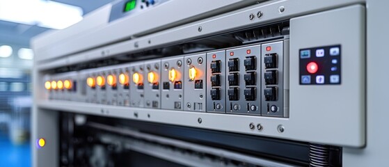 Close-up of industrial control panel with illuminated buttons and switches.  Complex machinery components in a manufacturing setting