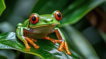 Fototapeta premium Close-up of a red-eyed tree frog on a green leaf.