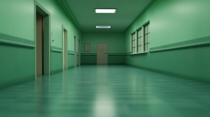 Empty Green Hospital Corridor: A Sterile and Quiet Atmosphere