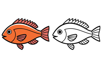 Two adorable cartoon fish designs, one orange and one black outline, isolated on white background