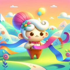 Naklejka premium Colorful creature creating ribbons in a vibrant, whimsical landscape during sunset