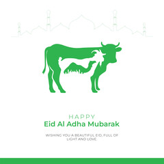 Eid Adha Mubarak Greeting Islamic Illustration Background Vector Design With Arabic calligraphy, door, and Goat for Card, wallpaper, banner, cover.