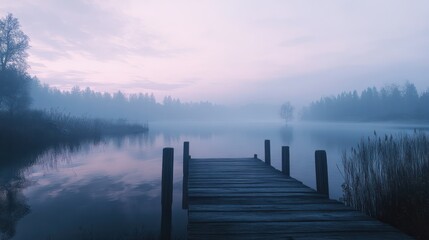 Naklejka premium Misty lake vista with a tranquil wooden pier.
