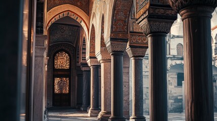 Fototapeta premium Old Turkish buildings, with their arches, columns, and decorative plasterwork, are seen in public areas. 