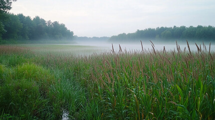 Water droplets hanging from tall grass blades after early morning fog in a meadow
