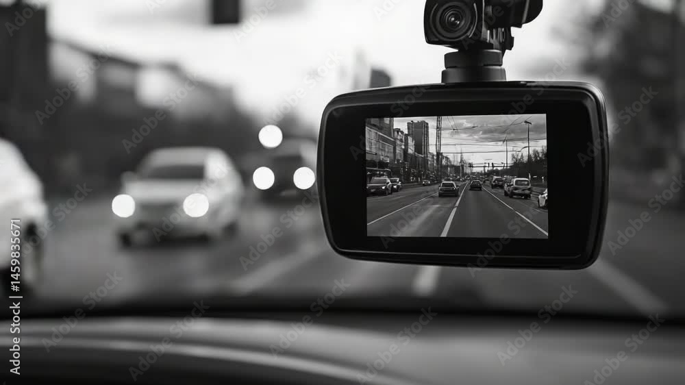 Poster a car's rear view mirror with a camera attached, perfect for surveillance or monitoring purposes