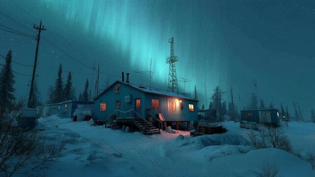 Remote Arctic research station under glowing aurora borealis. Snow-covered outpost lit by warm cabin lights, powered by a micro-reactor. Isolated yet energized against a harsh winter.