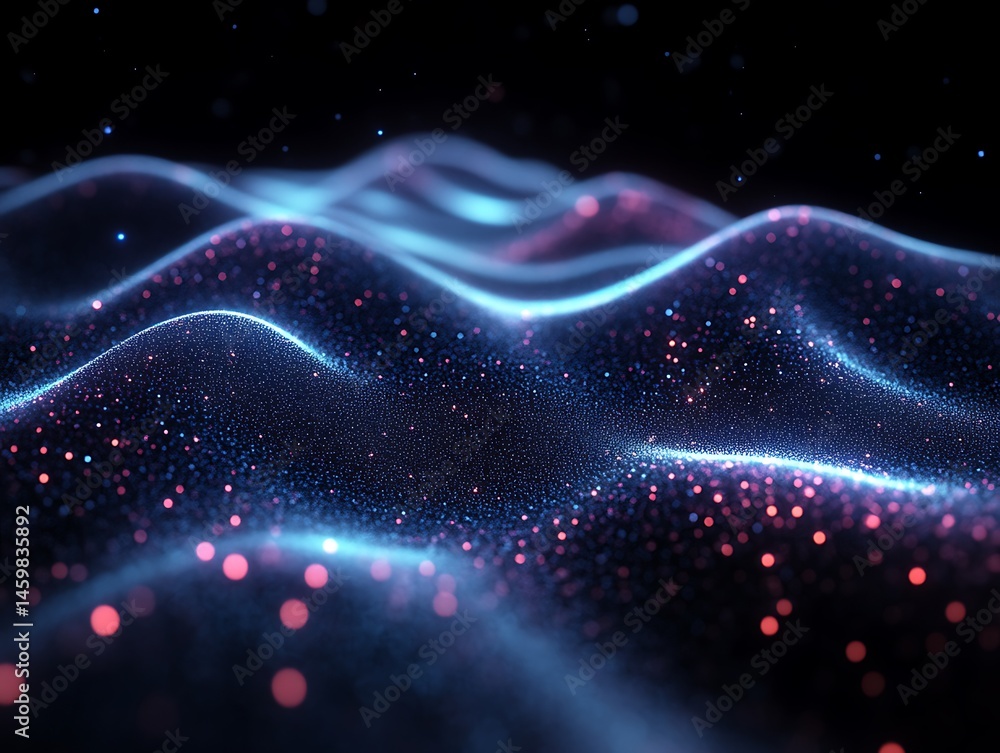 Wall mural abstract digital waves with glowing particle energy fields floating upwards