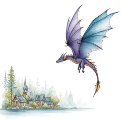 An imaginative dragon flies over a village near a tranquil lake's shore.