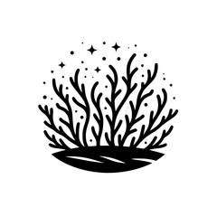 Black and White Coral Reef Illustration with Stars
