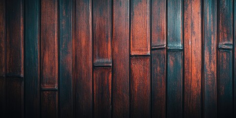 Dark, weathered bamboo wall.  A close-up view of a wall constructed from weathered bamboo planks.  The wood is dark reddish-brown with varying shades