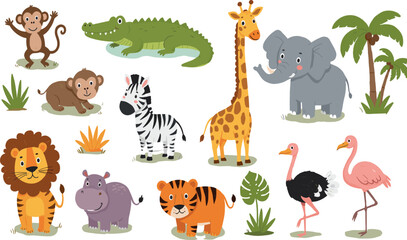 Obraz premium Jungle animals. Cute safari wild mammals. Funny exotic mammal, bird and reptile. Elephant, parrot, lion, crocodile, turtle and palm tree.