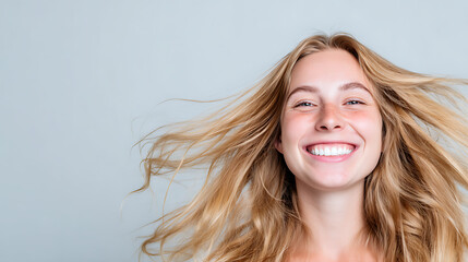 Fototapeta premium Young blonde woman with healthy flowing hair smiling and laughing. Copy space, shampoo, conditioner, dye product, gray background 050625