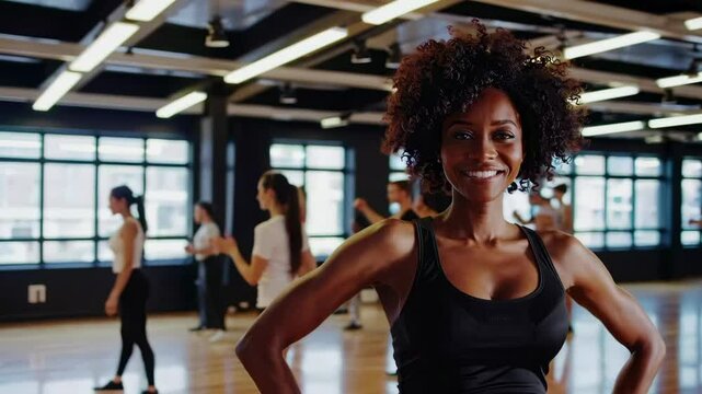 Energetic dance class with smiling participants in bright studio environment