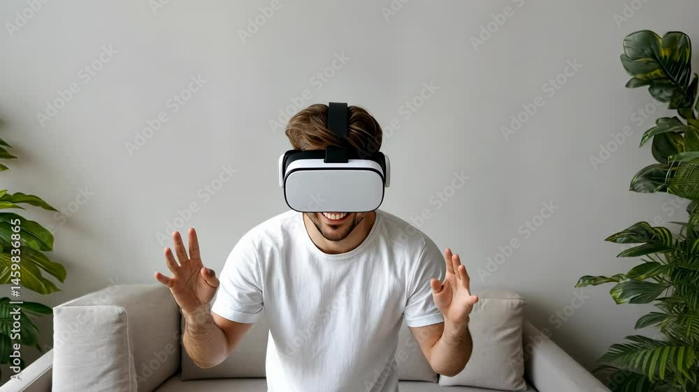 Poster a man enjoys an immersive virtual reality adventure, smiling and interacting with digital elements i