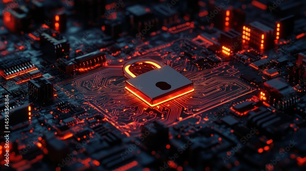 Poster captivating image of digital circuit board featuring padlock symbolizing security and protection in 